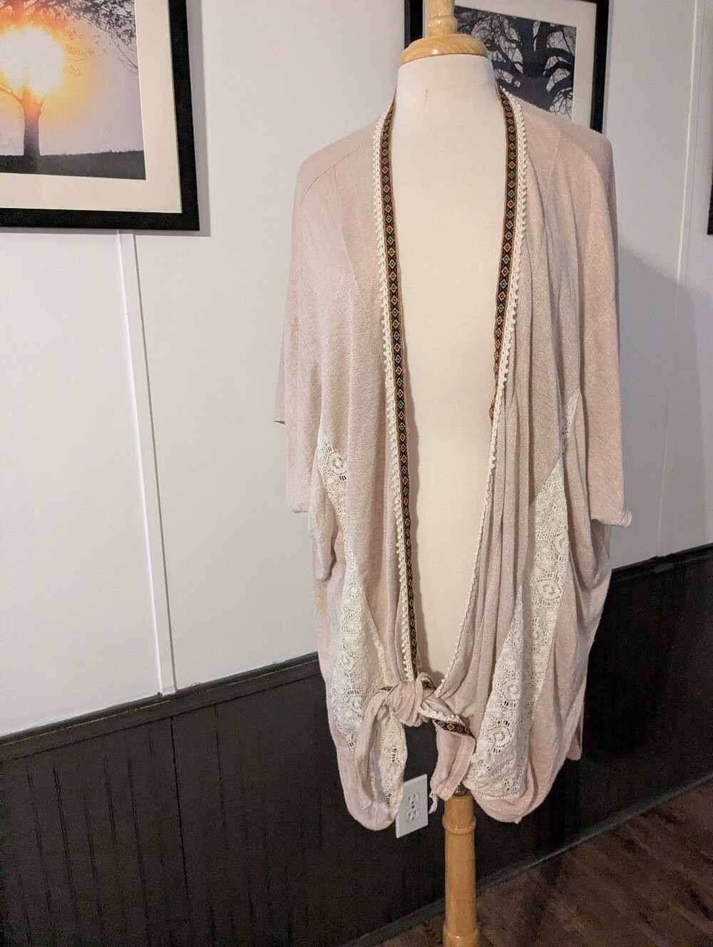 Light Taupe Lace-Trim Draped Open Cardigan - Brand:Ungee